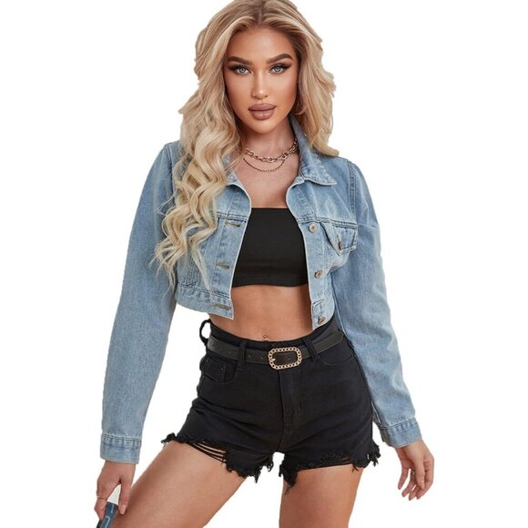 Jackets & Blazers - Women's Cropped Denim Jacket Casual Ripped Frayed Button Up Small